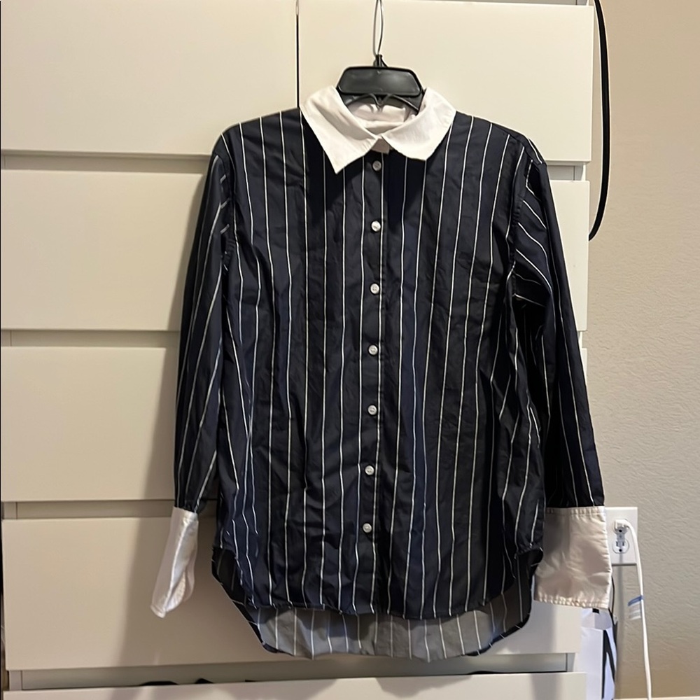 Black and White Pinstripe Blouse with White Collar